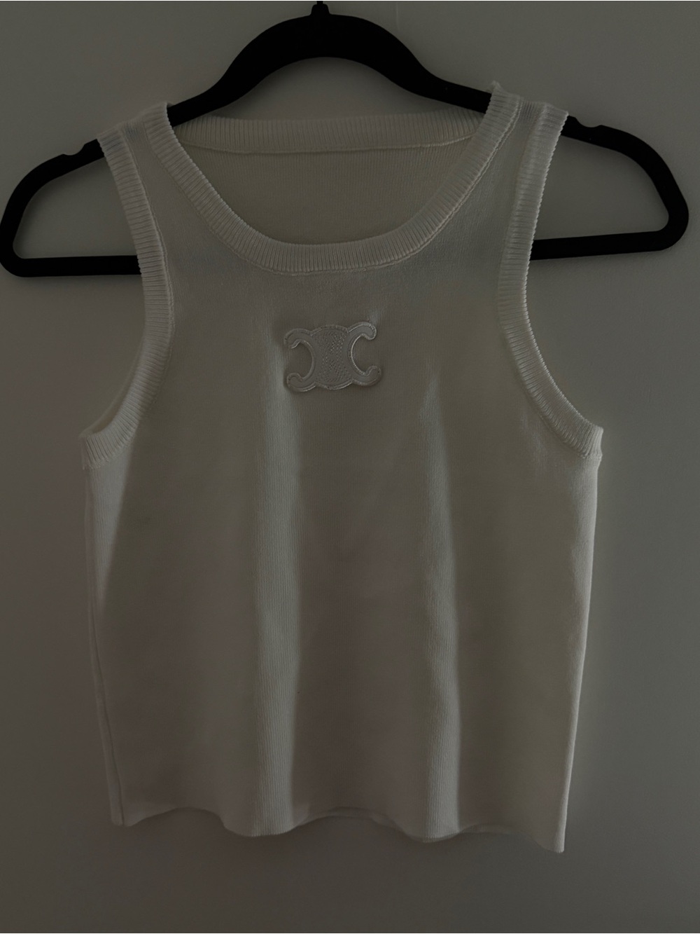 White Sleeveless Ribbed Tank Top with Embroidered Crest